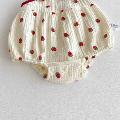 Cotton Strawberry Print Cotton Romper With Bow Straps
