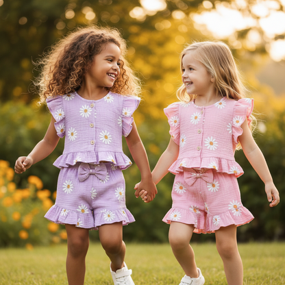 Cotton Floral Print Ruffle Sleeve Top & Bow Shorts Set