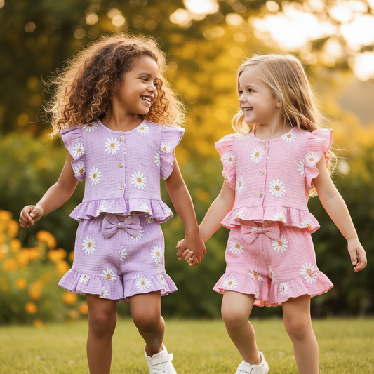 Cotton Floral Print Ruffle Sleeve Top & Bow Shorts Set