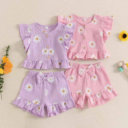 Cotton Floral Print Ruffle Sleeve Top & Bow Shorts Set