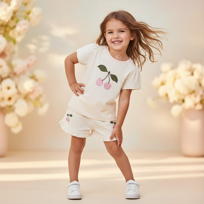 Cotton Cream Cherry Embroidered Top & Ruffle Shorts Set