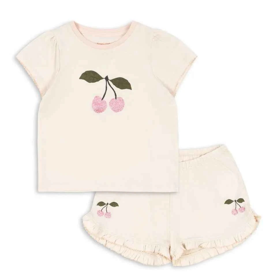 Cotton Cream Cherry Embroidered Top & Ruffle Shorts Set