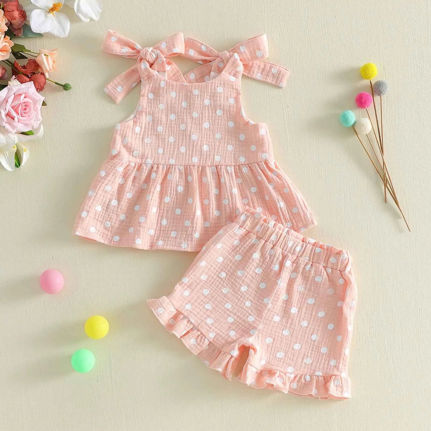 Pink Polka Dot Bow Tie Ruffle Top & Shorts Set
