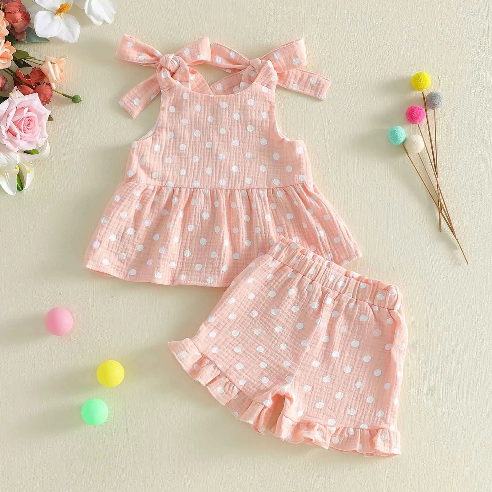 Pink Polka Dot Bow Tie Ruffle Top & Shorts Set