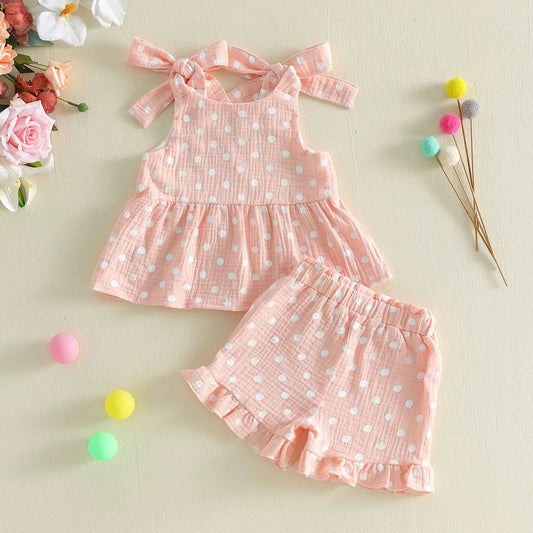 Pink Polka Dot Bow Tie Ruffle Top & Shorts Set