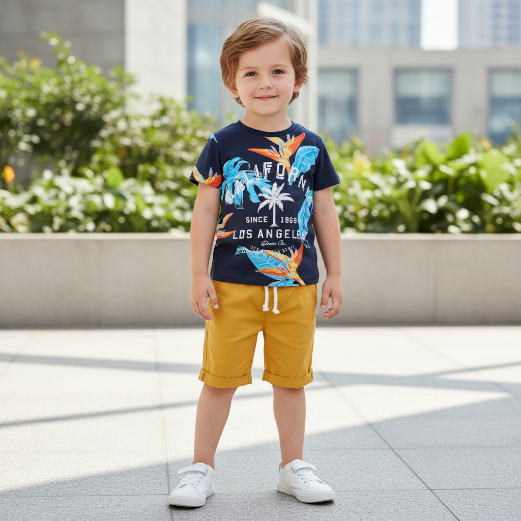 100% Cotton California Tropical Print Tee & Mustard Drawstring Shorts