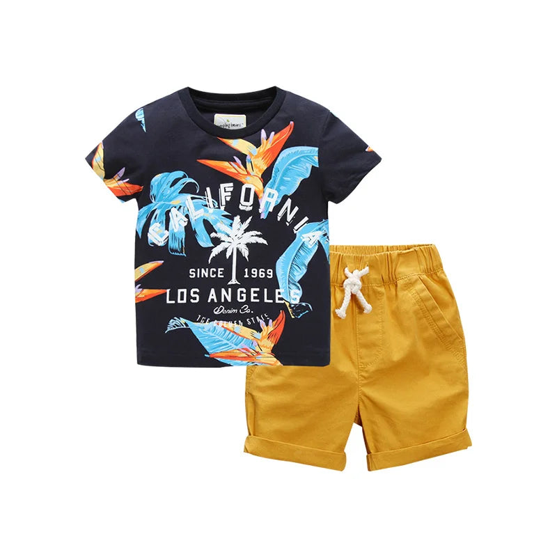100% Cotton California Tropical Print Tee & Mustard Drawstring Shorts