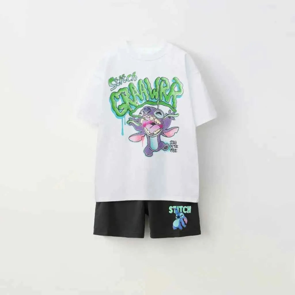 Cotton Stitch Summer Tee & Shorts Set With Cartoon Print
