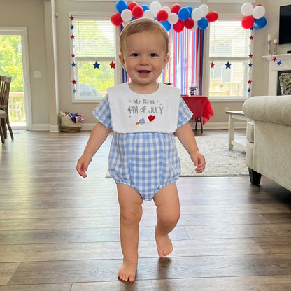 Cotton Blue Gingham Romper & Patriotic Bib Set
