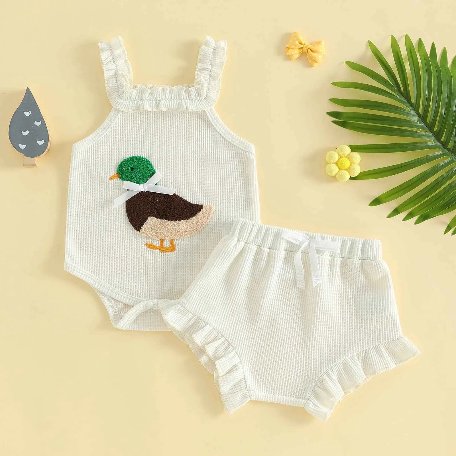 Cotton White Ruffle Duck Applique Romper With Shorts Set