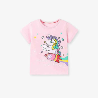 100% Cotton Unicorn Rocket Tee, Rainbow Striped Ruffle Sleeve Top & Shorts 3-Pack Set