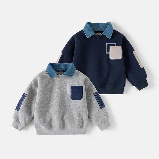 Denim Collar Patch Pocket Sweatshirt Navy & Grey