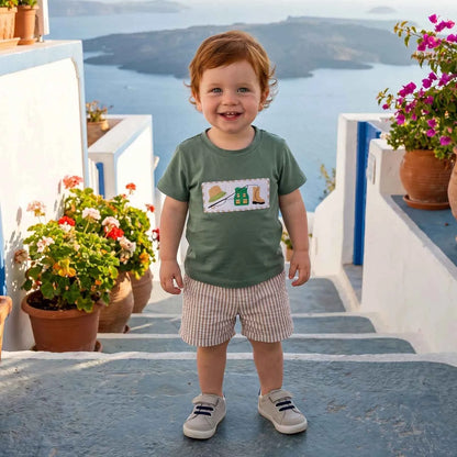 Cotton Green Fishing Motif Tee & Beige Striped Drawstring Shorts Set