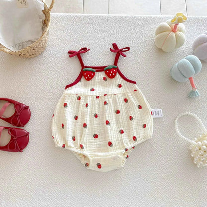 Cotton Strawberry Print Cotton Romper With Bow Straps