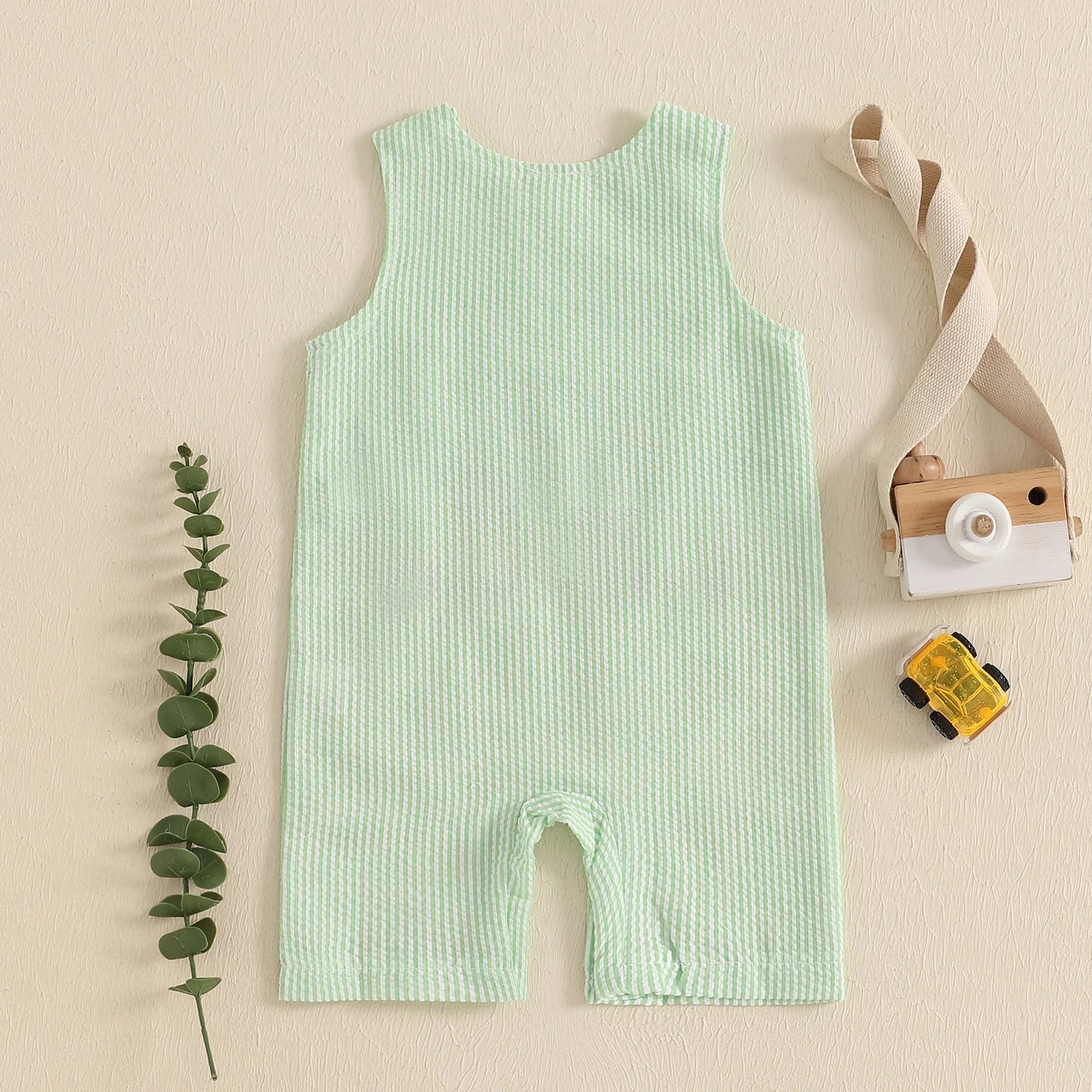 Cotton Green Seersucker Tractor Romper With Snap Button Closures