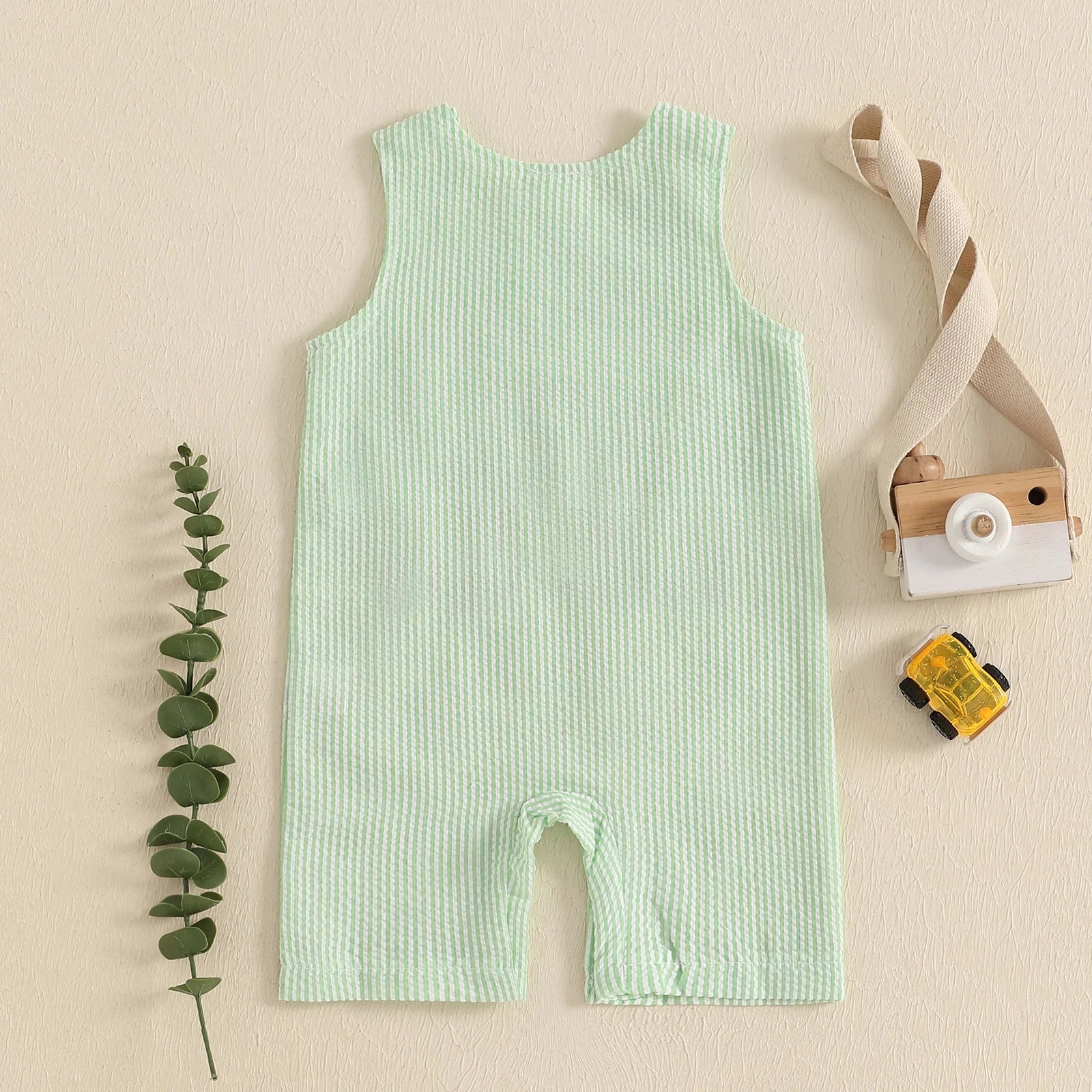 Cotton Green Seersucker Tractor Romper With Snap Button Closures