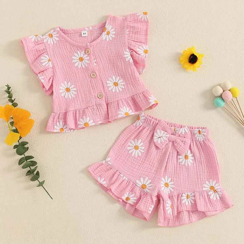 Cotton Floral Print Ruffle Sleeve Top & Bow Shorts Set