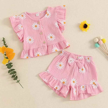 Cotton Floral Print Ruffle Sleeve Top & Bow Shorts Set