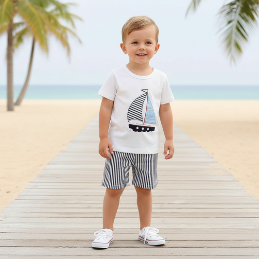 Cotton Sailboat Applique White Tee & Striped Shorts Set