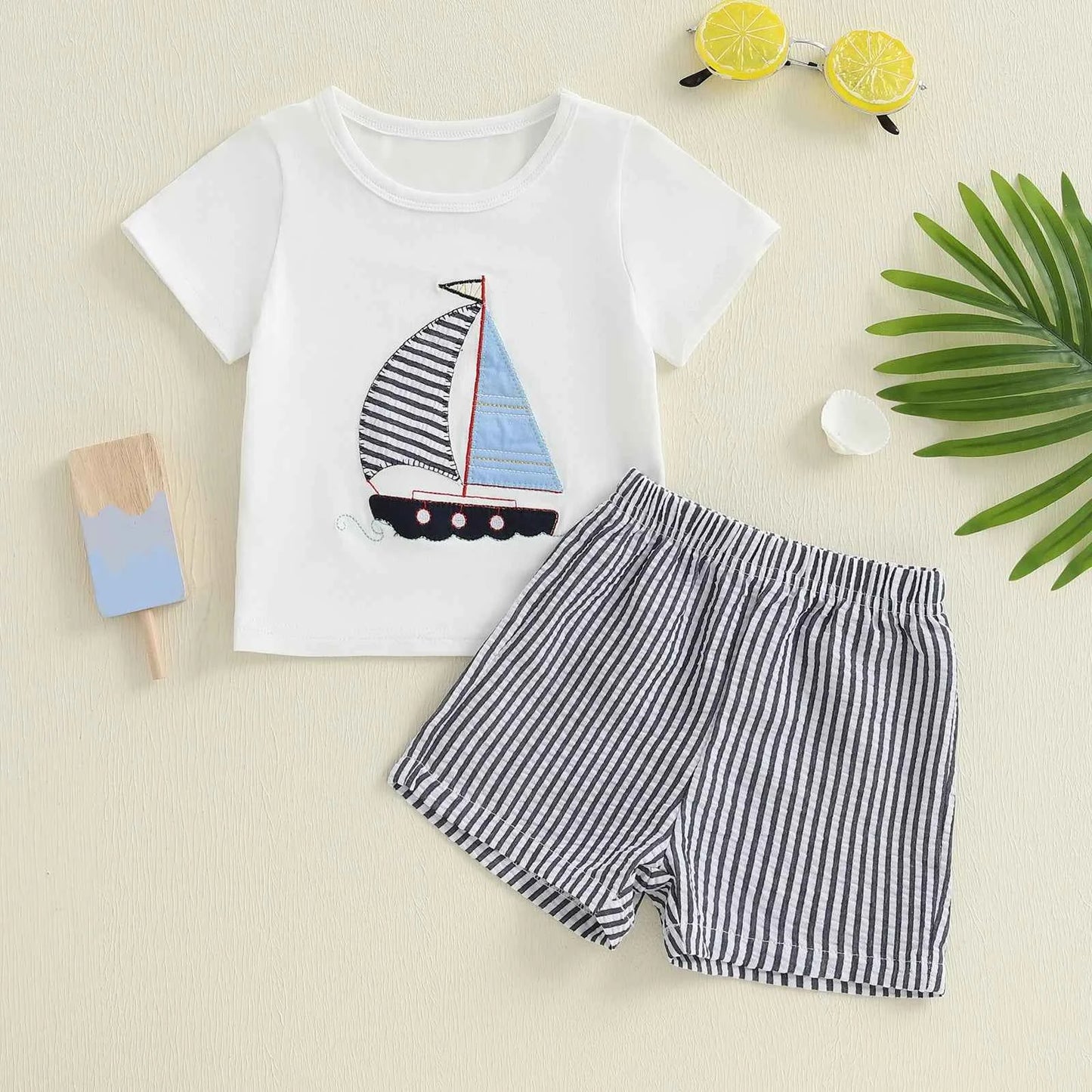 Cotton Sailboat Applique White Tee & Striped Shorts Set