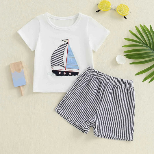 Cotton Sailboat Applique White Tee & Striped Shorts Set
