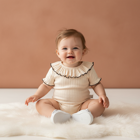 100% Cotton Ribbed Ruffle Collar Bodysuit Set Pink Cream Blue