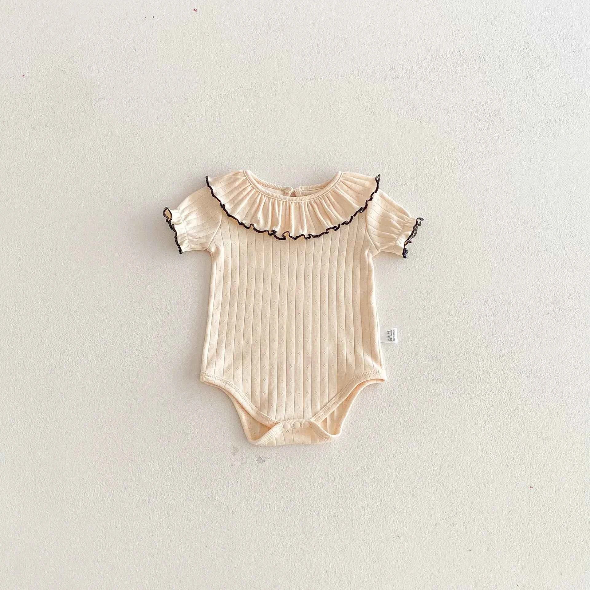 100% Cotton Ribbed Ruffle Collar Bodysuit Set Pink Cream Blue