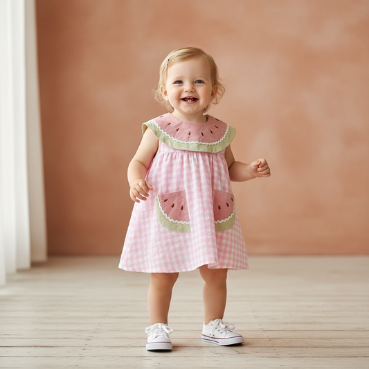Cotton Pink Watermelon Gingham Romper/Dress