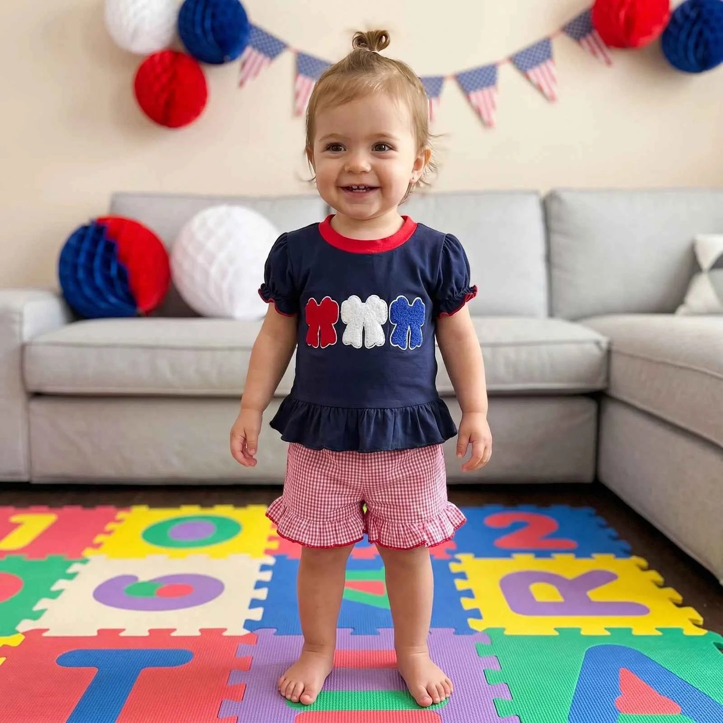 Cotton Applique Top & Gingham Shorts Set