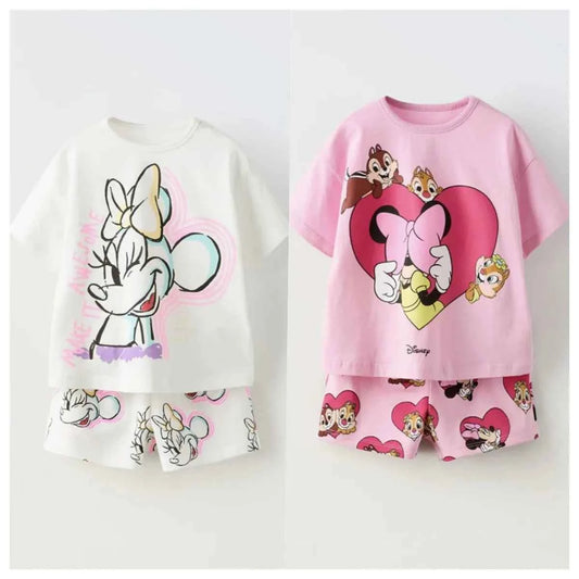 Cotton Minnie Mouse & Chipmunks Heart Print Tee & Shorts Set