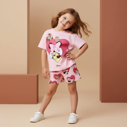 Cotton Minnie Mouse & Chipmunks Heart Print Tee & Shorts Set