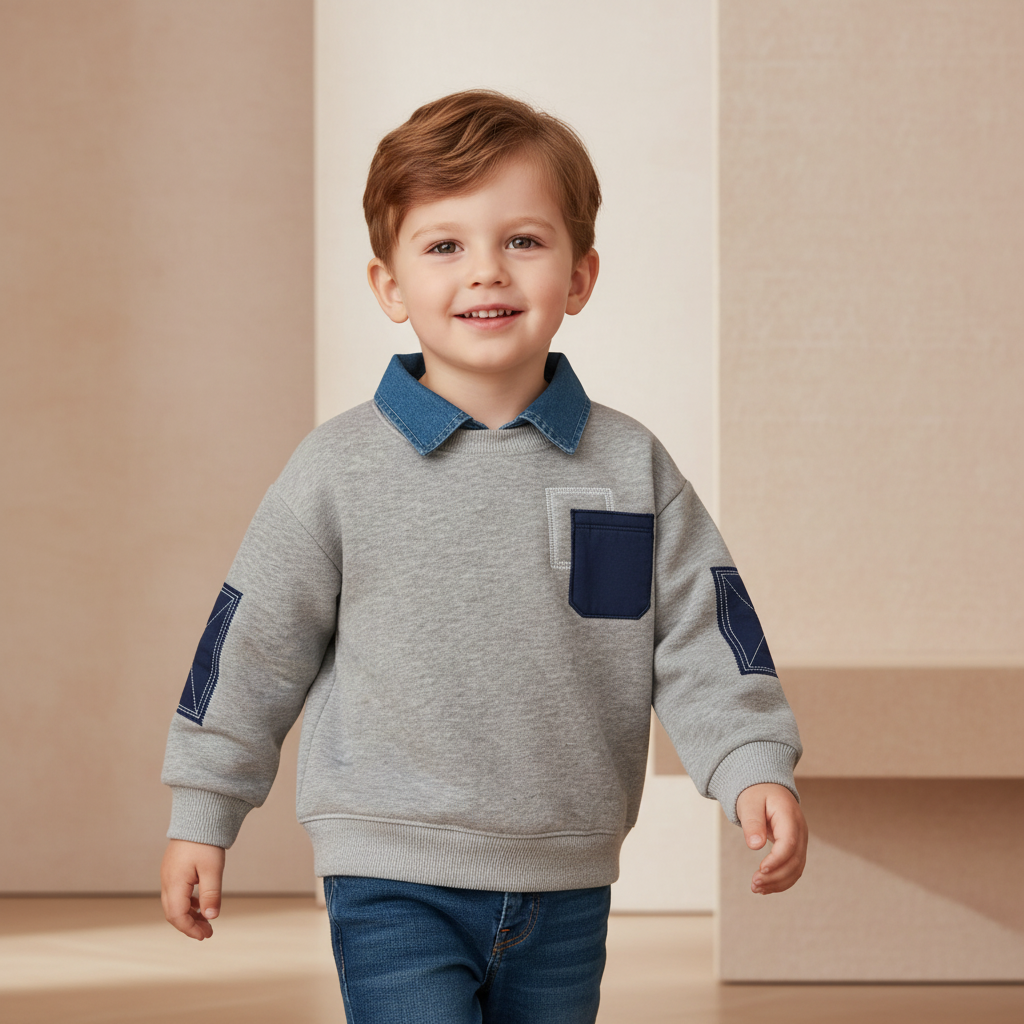 Denim Collar Patch Pocket Sweatshirt Navy & Grey