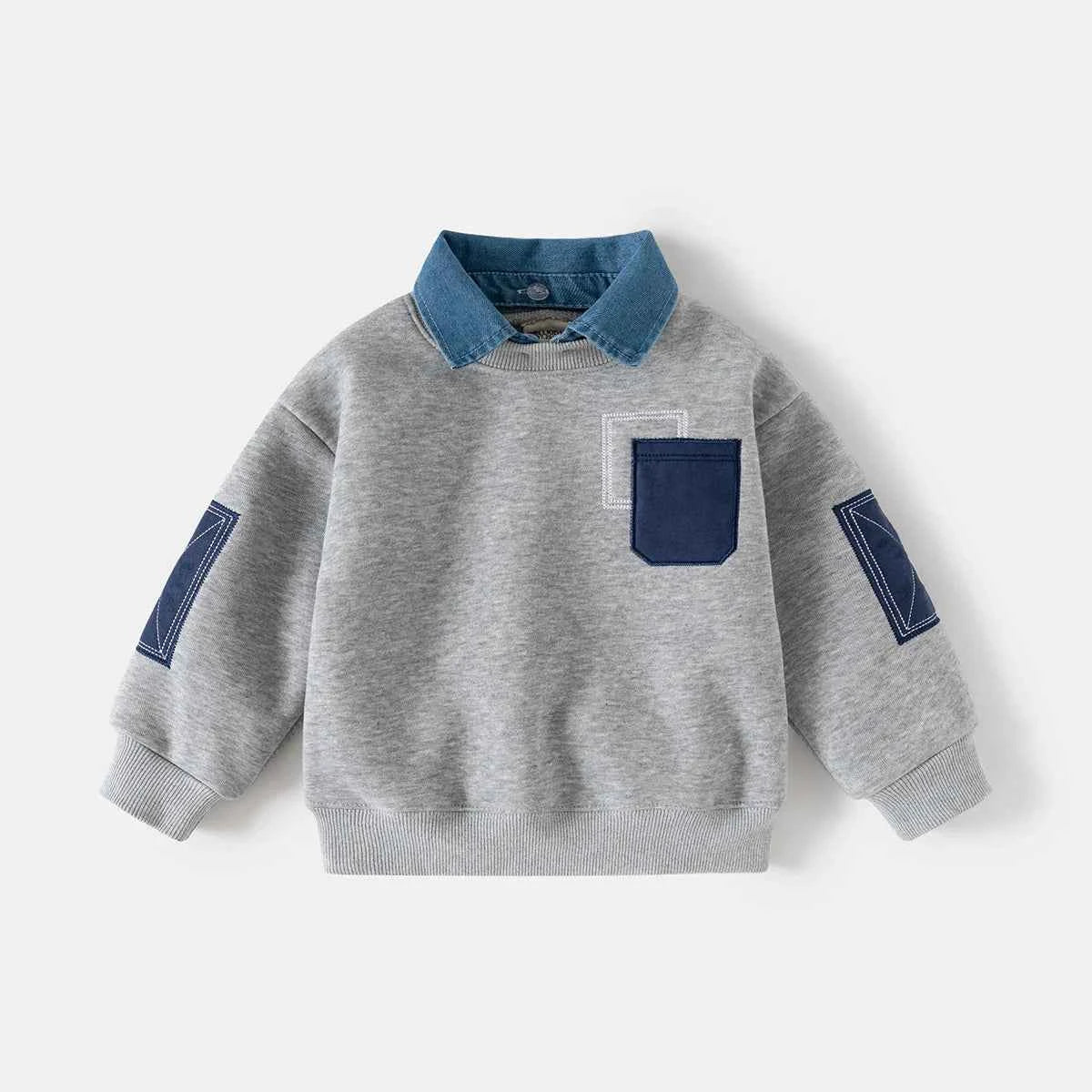 Denim Collar Patch Pocket Sweatshirt Navy & Grey