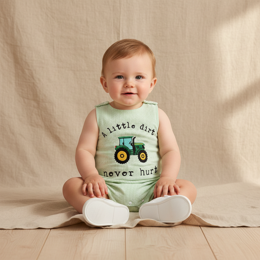 Cotton Green Seersucker Tractor Romper With Snap Button Closures