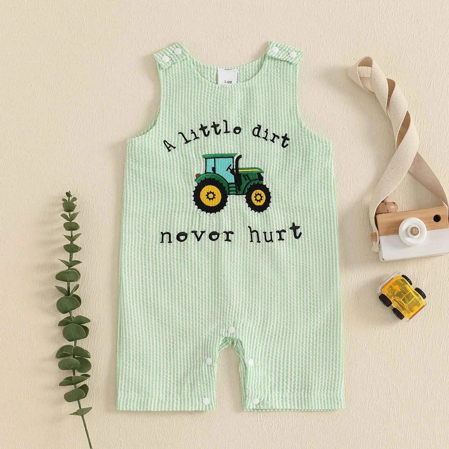 Cotton Green Seersucker Tractor Romper With Snap Button Closures
