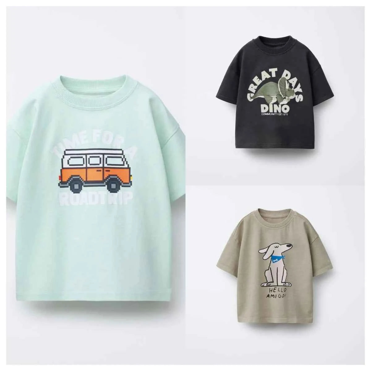 Cotton Road Trip Van Dino & Dog Cartoon Print Tees