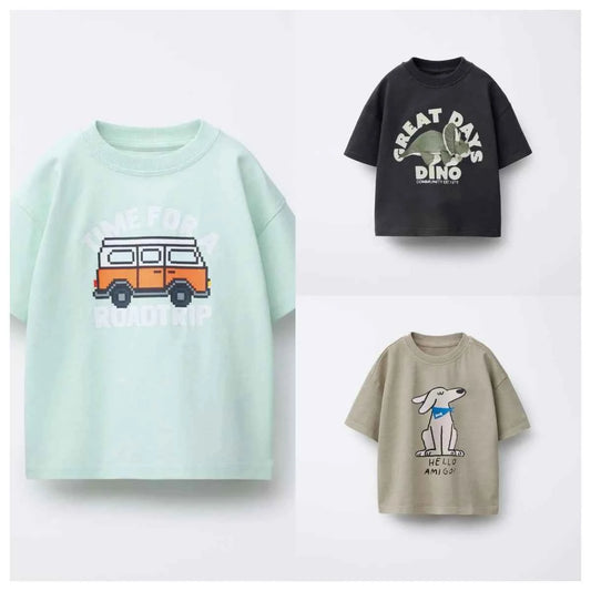 Cotton Road Trip Van Dino & Dog Cartoon Print Tees