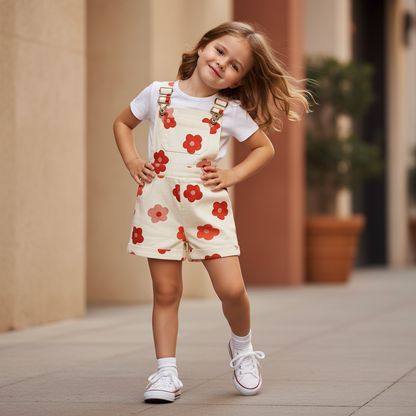 Cotton Floral & Strawberry Adjustable Strap Short Overalls