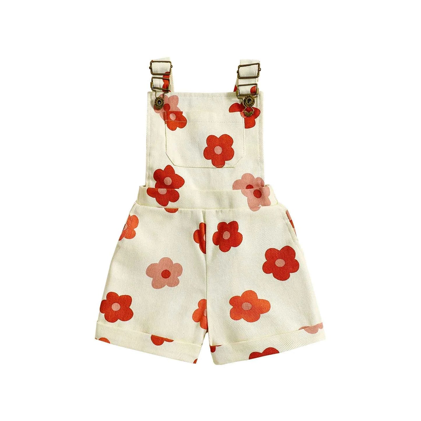 Cotton Floral & Strawberry Adjustable Strap Short Overalls
