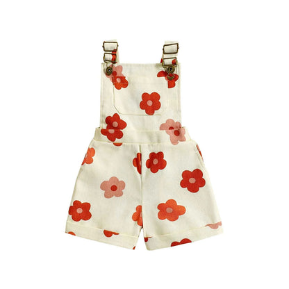 Cotton Floral & Strawberry Adjustable Strap Short Overalls