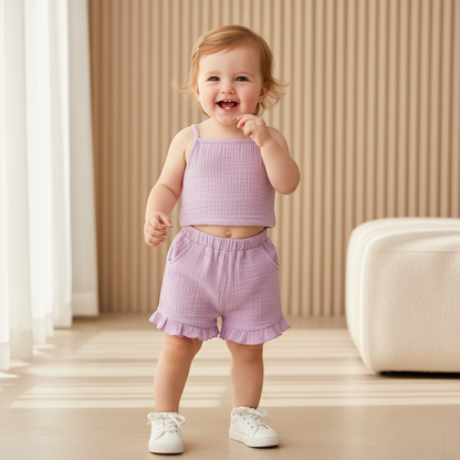 Cotton Ruffle Shorts & Tank Top Set Pastel Colors