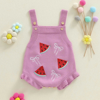Knitted Floral Bee & Watermelon Rompers Set