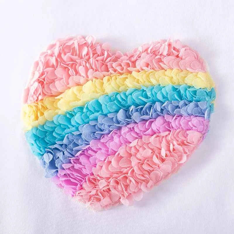 100% Cotton Rainbow Heart Tulle Dress With Ruffle Sleeves
