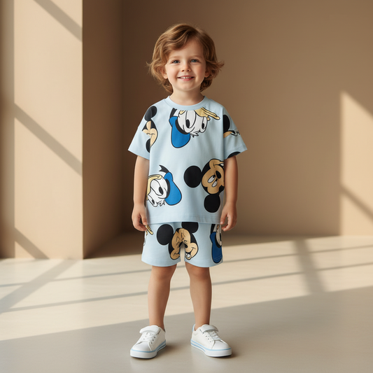 Cotton Mickey Donald Daisy Goofy Short Sleeve Tee & Shorts Set