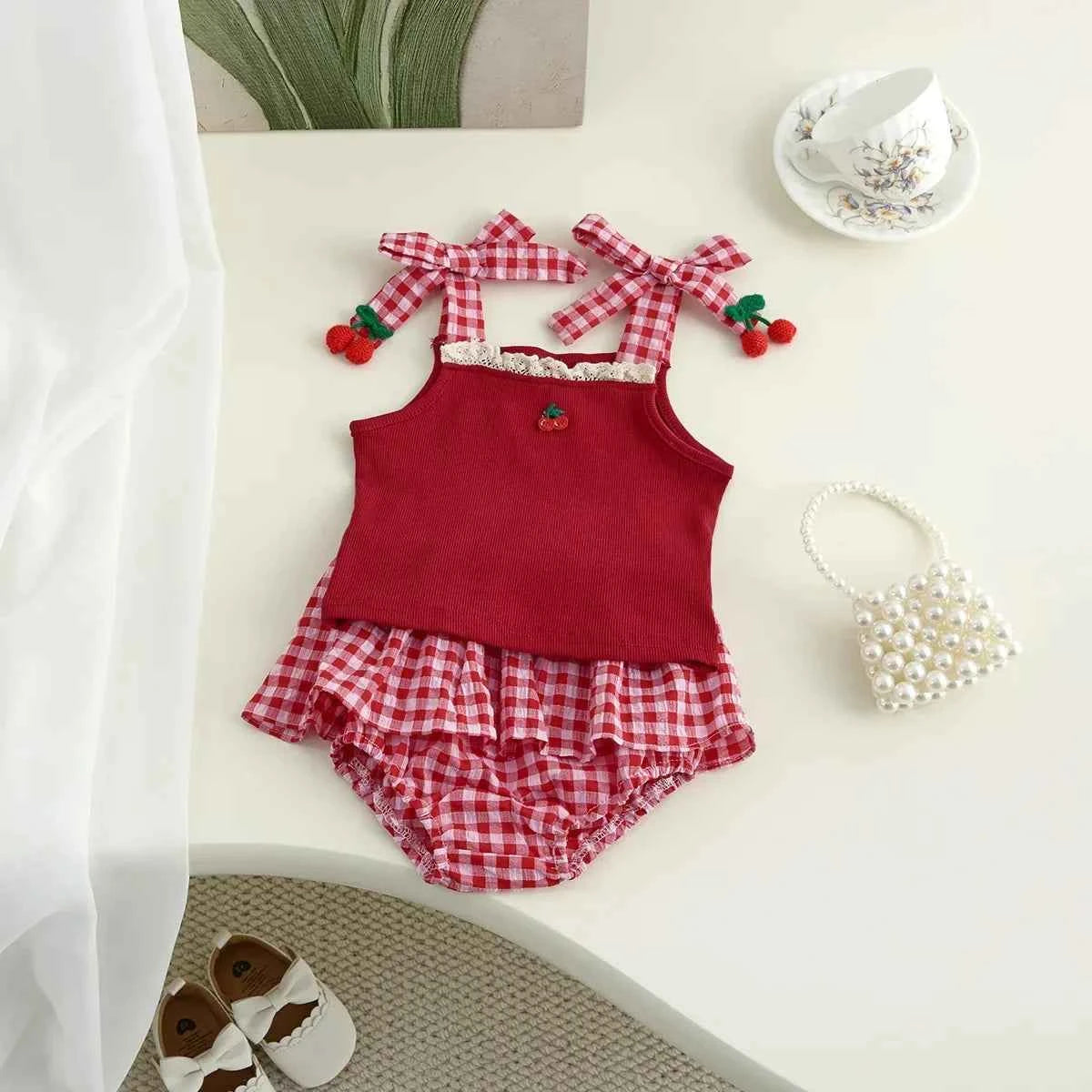 Cotton Red Cherry Tank Top & Plaid Skirt Bloomer Set