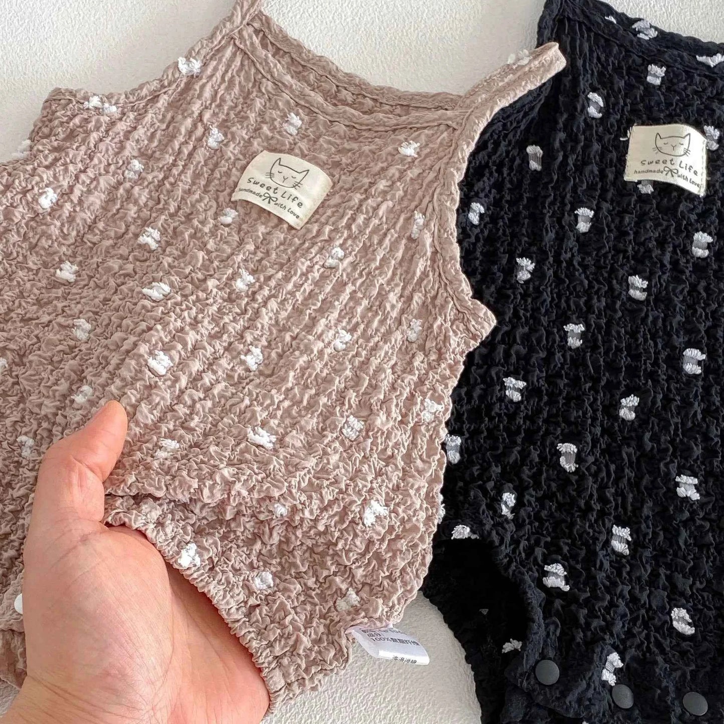 100% Cotton Smocked Sleeveless Romper Playsuit In Black & Brown