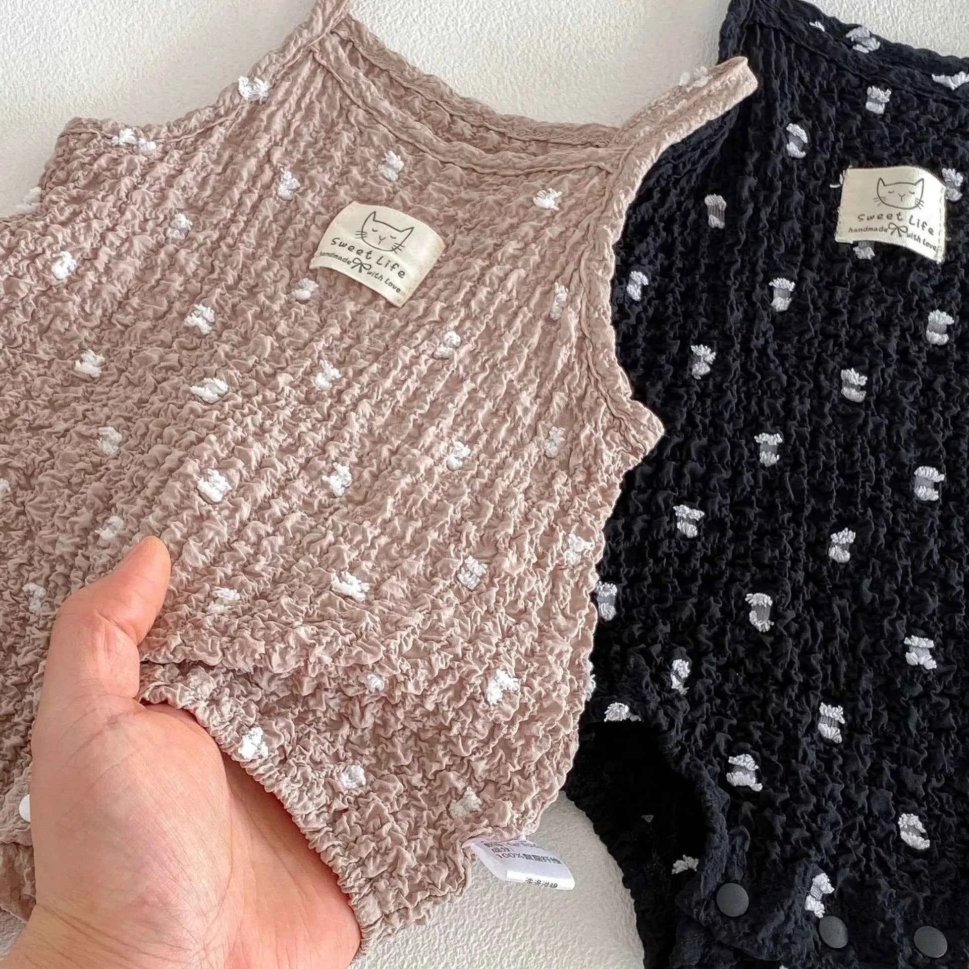 100% Cotton Smocked Sleeveless Romper Playsuit In Black & Brown