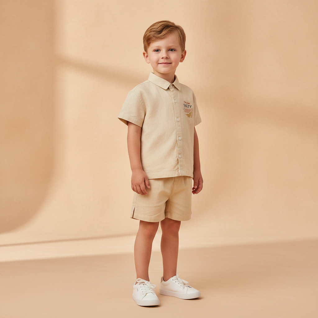 Cotton Beige Linen Shirt & Elastic Waist Shorts Set