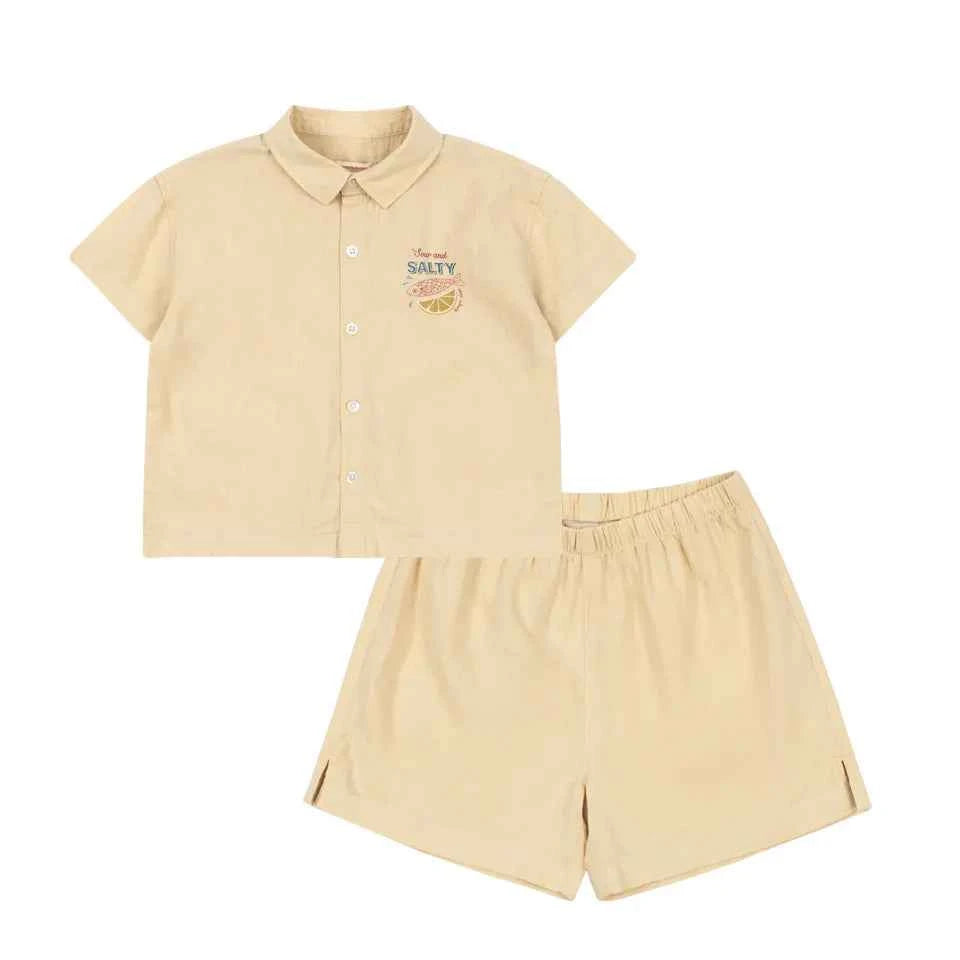 Cotton Beige Linen Shirt & Elastic Waist Shorts Set