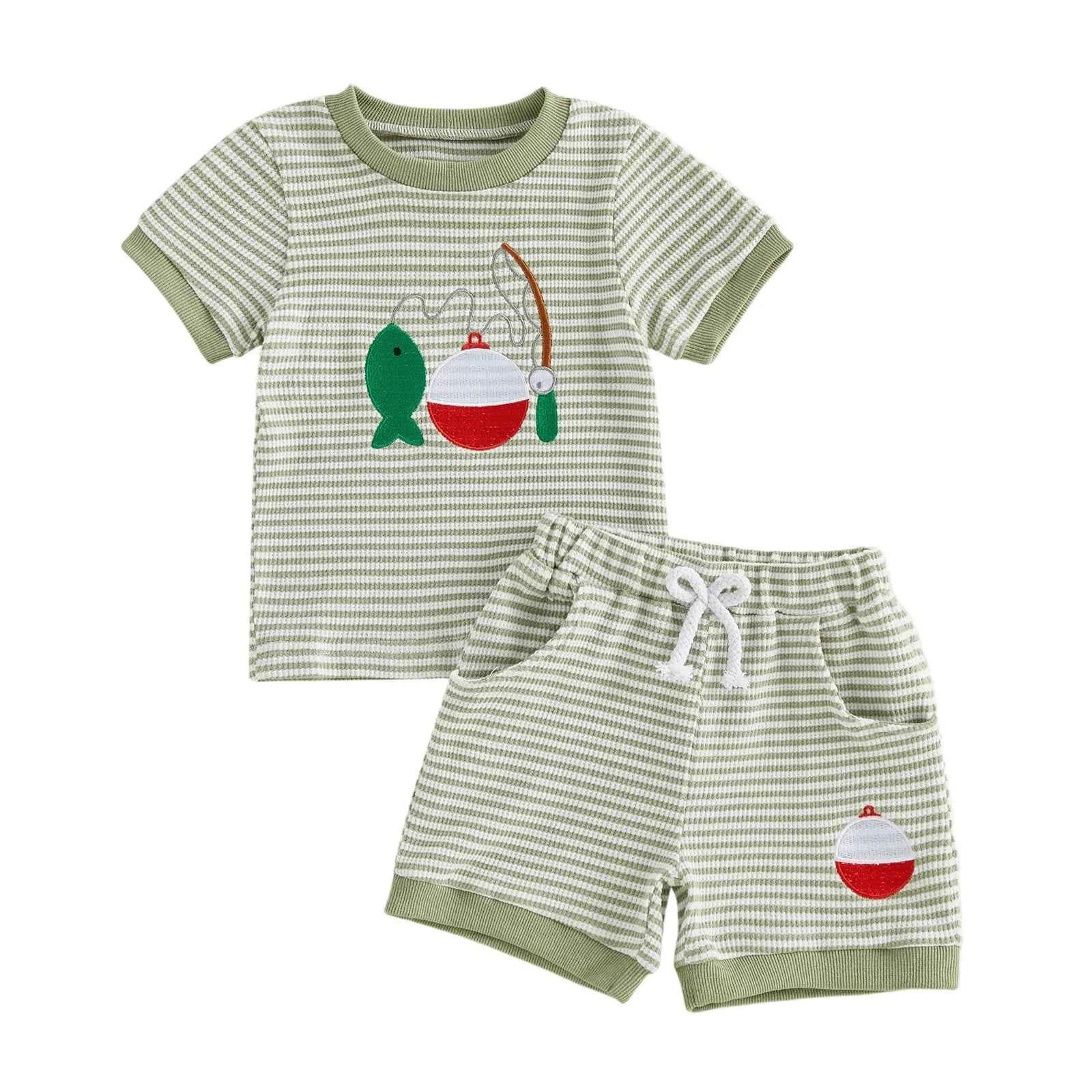 Cotton Striped Fishing Rod Tee & Shorts Set Green